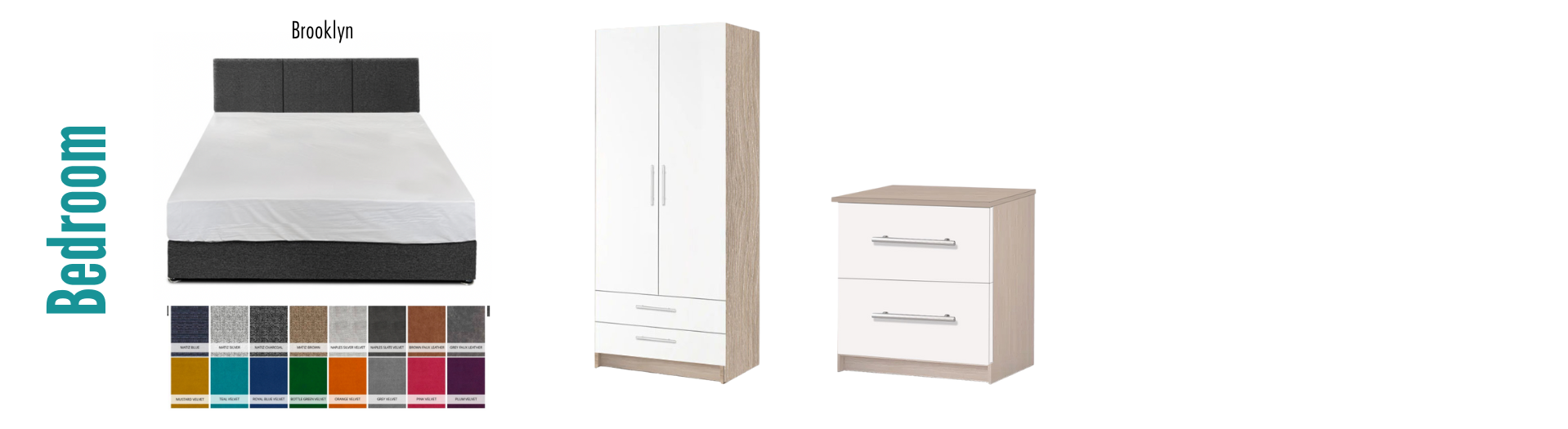 Double bed with grey headboard, white wardrobe, white chest of drawers